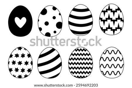 Vibrant black and white decorative Easter eggs arranged in a lively pattern
