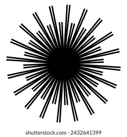 Vibrant black and white vector radial lines, starburst, comic book element, graphic design wish star rays isolated on white.