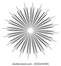 Vibrant black and white vector radial lines, starburst, comic book element, graphic design wish star rays isolated on white.