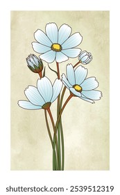 Impressão de flor de Daisy Blackfoot vibrante, Arte floral colorida com folhas verdes, Cartazes florais da moda, Ilustração botânica desenhada à mão para a decoração