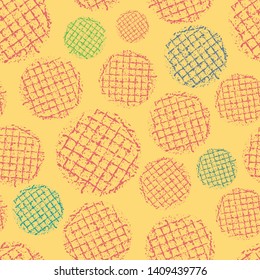 Vibrant block print waffle textured red, blue, green circles Seamless vector pattern on rich yellow background. Perfect for wellness, cosmetic products, fabric, stationery,packaging