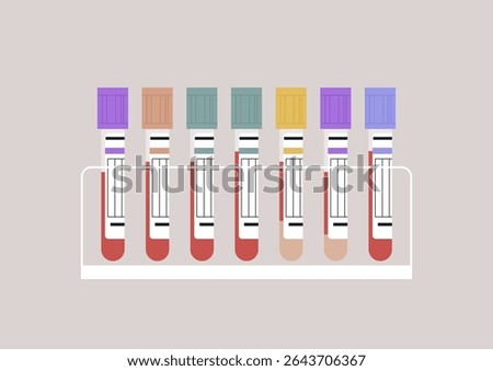 Vibrant blood test tubes are arranged neatly in a sleek holder, showcasing their unique colors and caps, symbolizing the critical role of laboratory testing in health assessments and diagnostics