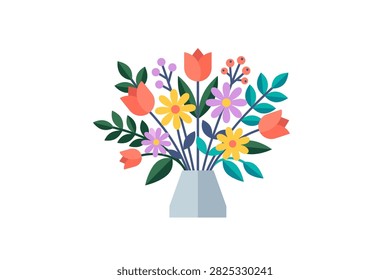 Vibrant blooming spring flowers and green leaves in a minimalist grey vase illustration