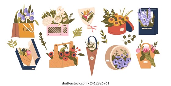 Vibrant Blossoms, Meticulously Arranged And Adorned With Elegant Wrapping, Create A Delightful Bouquet, Vector Set