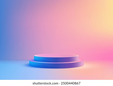 A vibrant blue 3D podium set against a dreamy gradient backdrop, perfect for showcasing futuristic products display