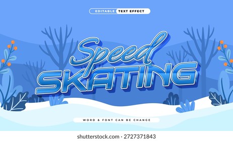 Efecto de texto 3D azul vibrante para 'Patinaje de velocidad' con un fondo de paisaje de invierno esmerilado, perfecto para gráficos de eventos deportivos estacionales y diseños de tipografía editables