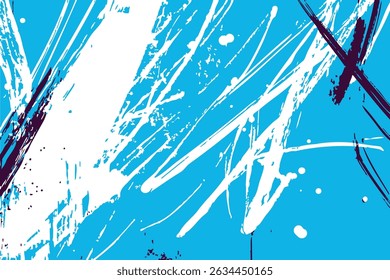 Vibrant blue abstract background with dynamic white and dark purple paint splatters. Energetic strokes and chaotic textures create a bold, contemporary artistic statement for modern designs.