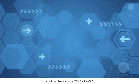 Um fundo abstrato azul vibrante com um padrão hexagonal futurista com setas, elementos circulares e símbolos de adição. Ideal para tecnologia, negócios ou projetos criativos.