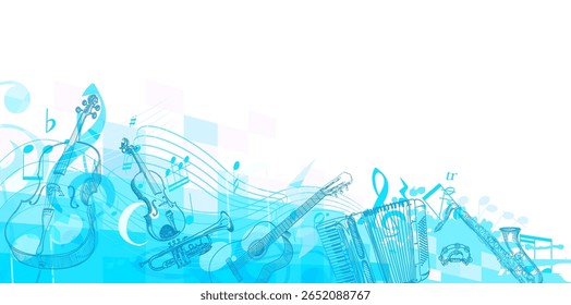 Vibrant blue abstract background with hand-drawn musical instruments including violin, cello, trumpet, guitar, accordion, saxophone, and tambourine. Flowing musical notes and staff lines