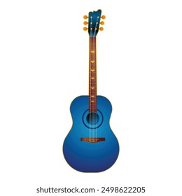 Vibrant blue acoustic guitar with detailed strings and frets, isolated on a white background