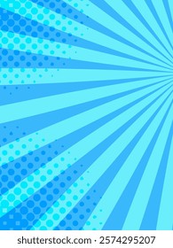 Vibrant blue backdrop with converging speed lines and halftone dots creates dynamic comic book style effect, perfect for superhero narratives or pop art designs