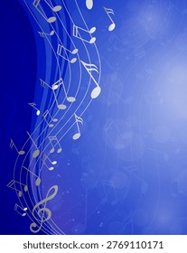 Vibrant blue background features an elegant wave of flowing musical notes and prominent treble clef. Abstract digital illustration evokes feeling of cheerful celebration, dynamic harmony