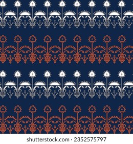 A vibrant blue background with intricate red and white floral pattern designs, seamless border