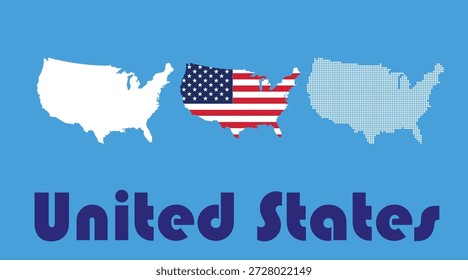 A vibrant blue background showcases three distinct graphical representations of the United States map. From left to right, the first map is a solid white silhouette. The central map is filled with the iconic red, white, and blue design of the American flag. The third map on the right is depicted as a light blue dotted outline. Below these graphical elements, the words 'United States' are prominently displayed in bold, dark blue lettering.
