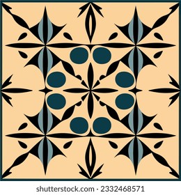 Vibrant blue and beige pattern with black dots reminiscent of the art nouveau style, featuring intricate tilework and a mesmerizing design.
