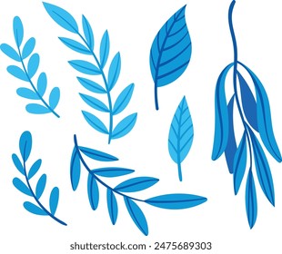 Vibrant blue botanical leaves various shapes sizes. Abstract graphic design element decorative nature patterns plantinspired templates. Isolated white background vector illustration floral accents