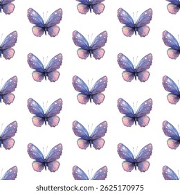 Vibrant blue butterflies with orange antennae and yellow spots, forming a seamless pattern. Ideal for spring themes, textiles, wallpapers, or gift wraps. Adds charm and freshness to any design.
