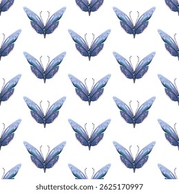 Vibrant blue butterflies with orange antennae and yellow spots, forming a seamless pattern. Ideal for spring themes, textiles, wallpapers, or gift wraps. Adds charm and freshness to any design.