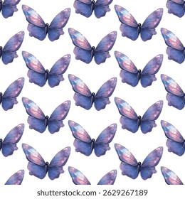 Vibrant blue butterflies with orange antennae and yellow spots, forming a seamless pattern. Ideal for spring themes, textiles, wallpapers, or gift wraps. Adds charm and freshness to any design.