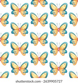 Vibrant blue butterflies with orange antennae and yellow spots, forming a seamless pattern. Ideal for spring themes, textiles, wallpapers, or gift wraps. Adds charm and freshness to any design.