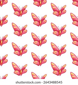 Vibrant blue butterflies with orange antennae and yellow spots, forming a seamless pattern. Ideal for spring themes, textiles, wallpapers, or gift wraps. Adds charm and freshness to any design.