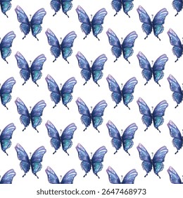 Vibrant blue butterflies with orange antennae and yellow spots, forming a seamless pattern. Ideal for spring themes, textiles, wallpapers, or gift wraps. Adds charm and freshness to any design.