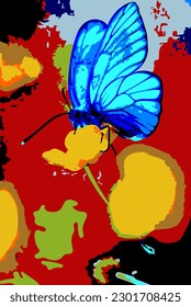 Vibrant blue butterfly vector art on red background. Perfect for decorations.