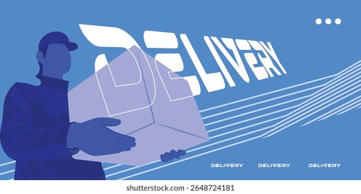 Vibrant Blue color Flat vector illustration of courier holding package box in realistic silhouette style, perfect for logistics, shipping, and delivery themes.