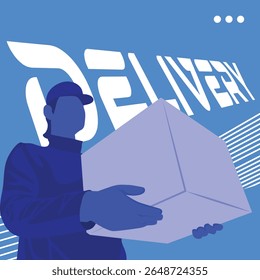 Vibrant Blue color Flat vector illustration of courier holding package box in realistic silhouette style, perfect for logistics, shipping, and delivery themes.
