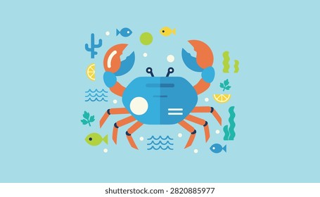 Vibrant blue crab centerpiece surrounded by small fish, citrus slices, water waves, cacti, and green aquatic vegetation on a light blue field.