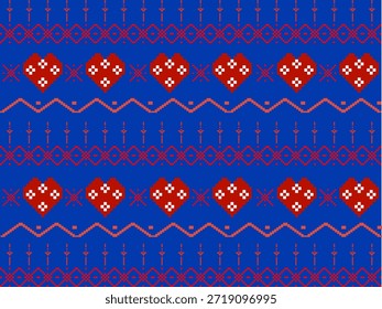 Vibrant blue cross-stitch pattern featuring red hearts and folk motifs. Ideal for ugly sweaters, Valentine's textiles, festive gift wrap, and traditional embroidery-style digital backgrounds