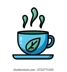 Una taza azul vibrante de té caliente con un diseño de hoja de menta se sienta en un platillo, emitiendo vapor aromático. Perfecto para temas de salud, bienestar y bebidas.