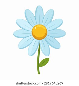 A vibrant blue daisy flower with a yellow center, green stem, and leaf, isolated on a white background, showcasing natural beauty and floral detail.