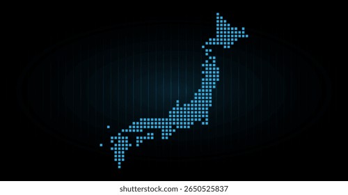A vibrant blue, digital rendering of Japan's geographical outline composed of individual square pixels against a dark backdrop with subtle vertical line accents, conveying a sense of technology