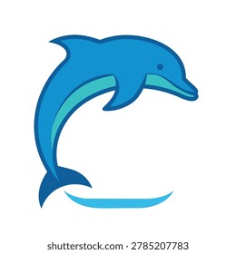 A vibrant blue dolphin is depicted mid-leap, with a lighter blue underside, showcasing its playful and energetic nature.