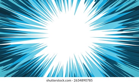 Uma explosão azul vibrante preenche o plano de fundo com raios que se estendem para fora. A explosão irradia energia e movimento criando um efeito visual emocionante adequado para a arte cômica.