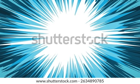 A vibrant blue explosion fills the background with rays extending outward. The burst radiates energy and movement creating an exciting visual effect suited for comic art.