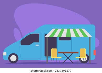 Vibrant blue food van standing next to striped canopy with two yellow chairs and wooden table, ready to serve delicious meals in lively outdoor atmosphere