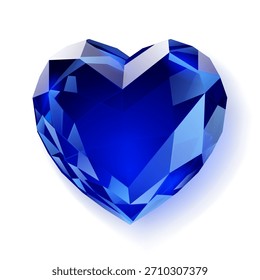 Uma pedra preciosa azul vibrante, cortada em forma de coração, com facetas refletindo a luz, sobre um fundo branco com sombreamento sutil.