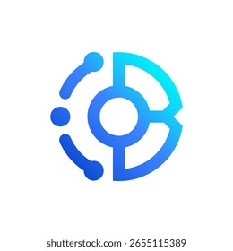 Un logotipo de degradado azul vibrante que forma una letra abstracta "B" o "C" con líneas y puntos interconectados, que simboliza la red, la tecnología y la conexión global