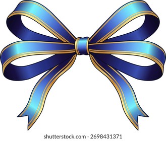 Vibrant blue gradient ribbon bow with golden trim. Luxurious, festive, and elegant design for gifts, holidays, celebrations, and festive graphic design projects.