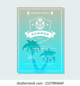 Vibrant blue gradient summer party poster template design line typography vector illustration. Colored tropical event recreation placard heraldic shield festive ribbon palm tree decorative announce