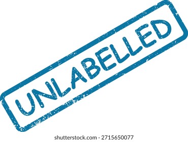 Un sello de goma de color azul vibrante, efecto gruñido con el mensaje "UNLABELED" en una superficie blanca prístina, que indica que no hay una etiqueta específica.