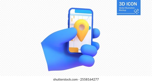 A vibrant blue hand holds a smartphone showing a digital map with a prominent location pin. The 3D design emphasizes a modern and interactive navigation concept.