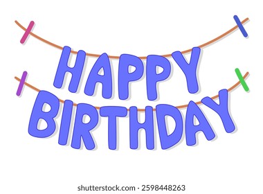 Vibrant Blue Happy Birthday Vector Garland Text with Colorful Clips for Festive Party Decor, Greeting Cards, and Celebration Designs with Playful Style, Vector Design

