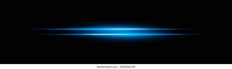 Vigas de luz Horizontal azul vibrante con un brillo suave y un desvanecimiento suave. Efecto de neón brillante sobre un fondo oscuro, perfecto para crear un acento de iluminación dinámico