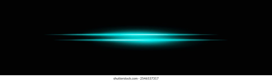 Vigas de luz Horizontal azul vibrante con un brillo suave y un desvanecimiento suave. Efecto de neón brillante sobre un fondo oscuro, perfecto para crear un acento de iluminación dinámico