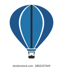 Vibrant blue hot air balloon soaring through clear sky with white stripes and basket
