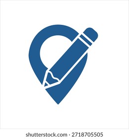 Un icono azul vibrante que representa un pin de ubicación del mapa superpuesto con un lápiz estilizado, que simboliza la edición de la ubicación, la personalización o la marca de un punto específico en un mapa. Aislado en un fondo blanco puro