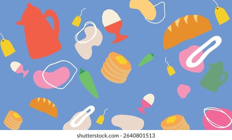 Vibrant blue layout with tea bags, pancakes, boiled eggs, and peppers, creating a modern and cheerful breakfast food illustration.